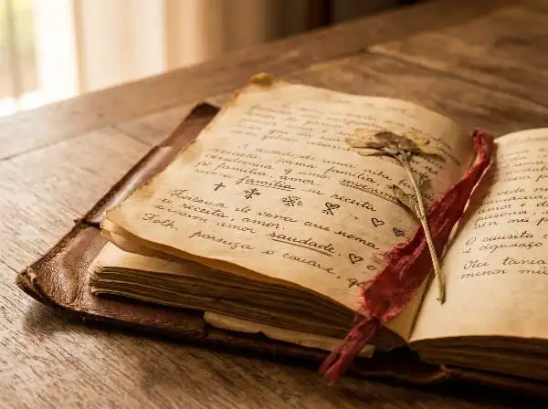 Mãos idosas folheando um caderno antigo com vela acesa